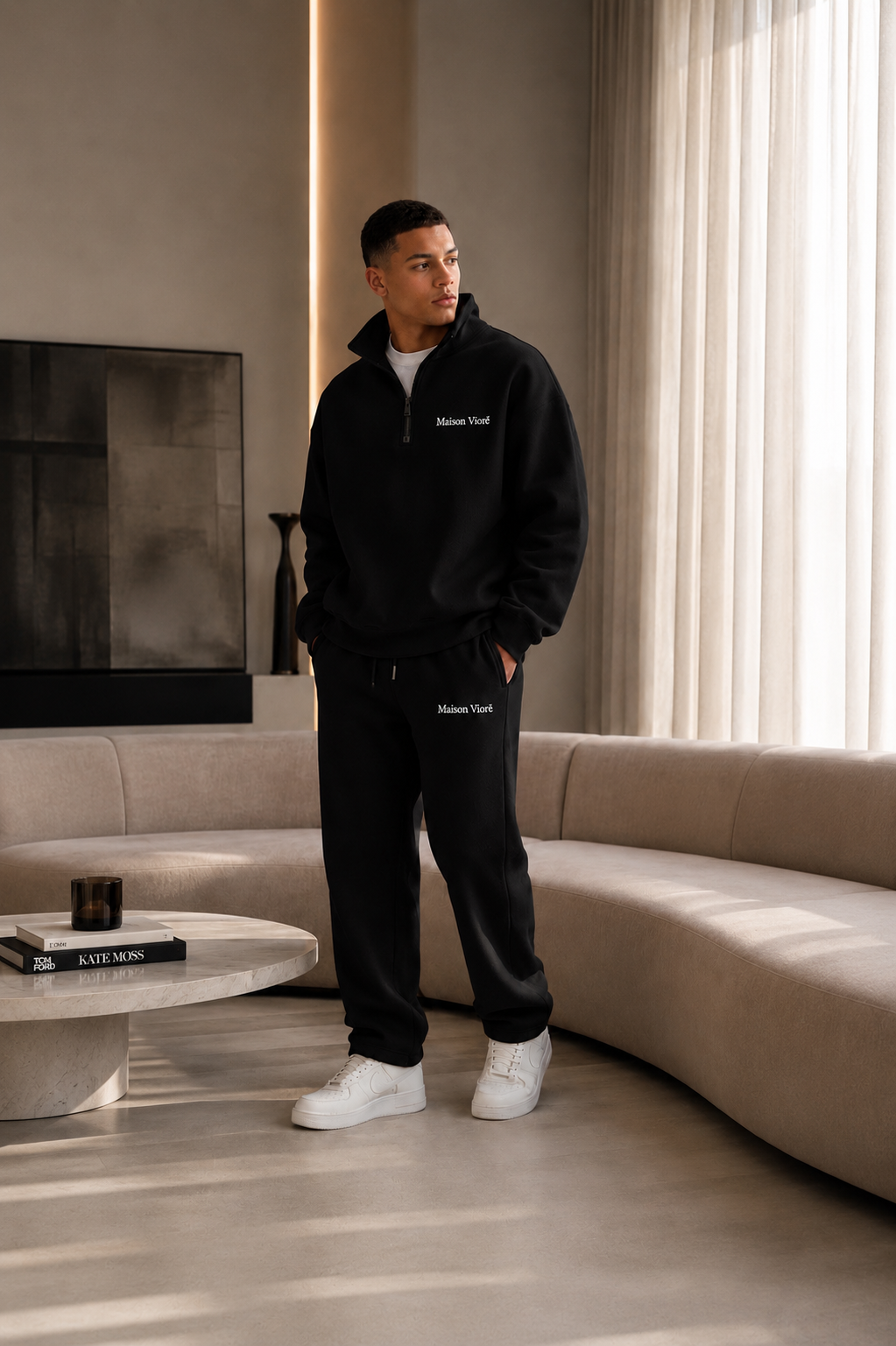 Signature Quarter-Zip in Noir — worn front